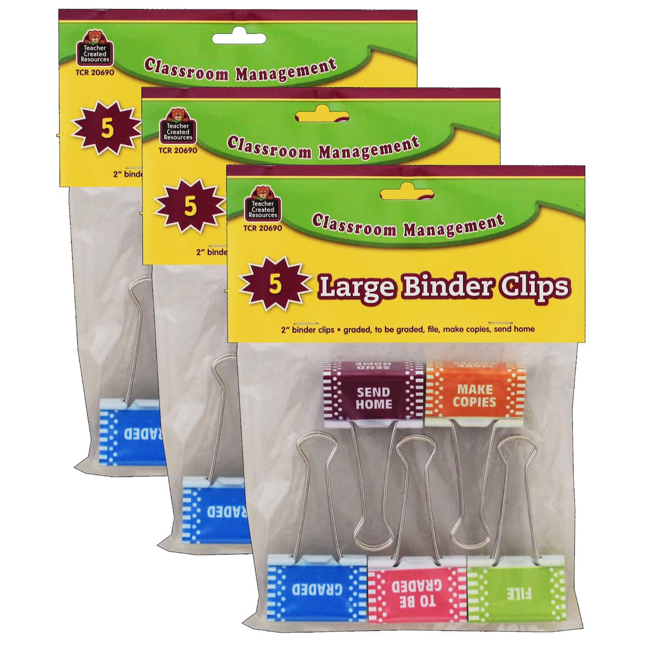 Teacher Created Resources Classroom Management Large Binder Clips, 3 Packs of 5